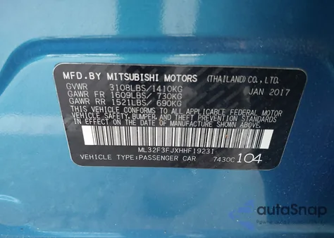 2017 Mitsubishi Mirage G4 Es from USA, damaged, VIN ML32F3FJXHHF19231